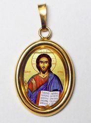 Immagine di Cristo Pantocratore Ciondolo Pendente ovale mm 19x24 (0,75x0,95 inch) Argento placcato Oro e Porcellana Unisex Uomo Donna