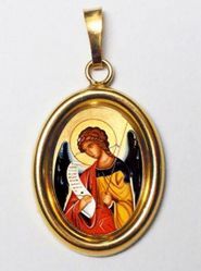 Picture of Archangel Gabriel Gold plated Silver and Porcelain oval Pendant mm 19x24 (0,75x0,95 inch) Unisex Woman Man and Kids