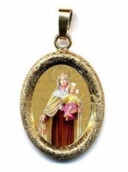 Imagen de Virgen del Carmen Medalla Colgante oval acabado diamante mm 19x24 (0,75x0,95 inch) Plata con baño de oro y Porcelana Unisex Mujer Hombre
