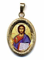 Picture of Christ Pantocrator Gold plated Silver and Porcelain diamond-cut oval Pendant mm 19x24 (0,75x0,95 inch) Unisex Woman Man