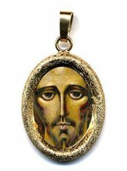 Immagine di Cristo di Kiko Ciondolo Pendente ovale diamantato mm 19x24 (0,75x0,95 inch) Argento placcato Oro e Porcellana Unisex Uomo Donna