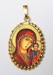 Imagen de Virgen de Kazán Medalla colgante oval de corona mm 24x30 (0,94x1,18 inch) Plata con baño de oro y Porcelana para Mujer