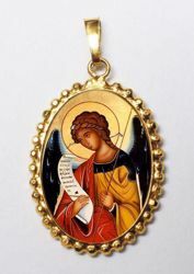 Picture of Archangel Gabriel Gold plated Silver and Porcelain Pendant with crown frame mm 24x30 (0,94x1,18 inch) for Woman and Kids