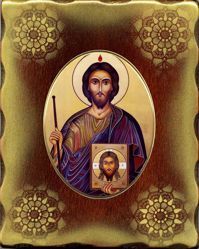 Imagen de Cristo Icono de Porcelana sobre tablero dorado cm 15x20x2,5 (5,9x7,9x1,0 inch) de mesa y pared