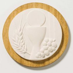 Immagine di Tondo Prima Comunione base in legno cm 14 (5,5 inch) Scultura in argilla refrattaria bianca Ceramica Centro Ave Loppiano