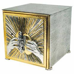 Picture of Altar Tabernacle large size cm 27x27x28 (10,6x10,6x11,0 inch) Hands breaking the Bread bicolour brass for Church