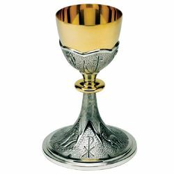 Imagen de Cáliz eucarístico alto H. cm 21 (8,3 inch) Pax Cordero Paloma Pez Lirios de latón para Vino Sacramental Santa Misa