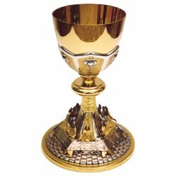 Imagen de Cáliz eucarístico alto H. cm 23 (9,1 inch) Última Cena de latón bicolor para Vino Sacramental Santa Misa