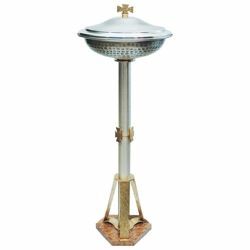 Picture of Portable Baptismal Font for Churches H. cm 120 (47,2 inch) on red marble base bicolour brass Column Standing Basin Bowl for Baptism by affusion