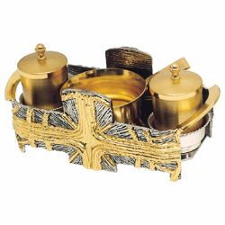 Picture of Baptism Set tray bowl oil stock ablution cup cm 19x9 (7,5x3,5 inch) Cross and Rays of Light bicolour brass full Liturgical Baptismal service