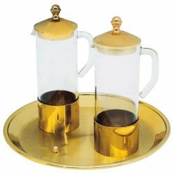 Picture of Altar Cruets and Tray set Diam. cm 15 (5,9 inch) glass and brass Water and Wine liturgical Mass Ampoules Catholic Church