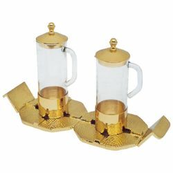Immagine di Ampolle vino acqua Santa Messa cm 23x8,5 (9,1x3,3 inch) Croci stilizzate vetro ottone Set completo vassoio Ampolline liturgiche da Altare