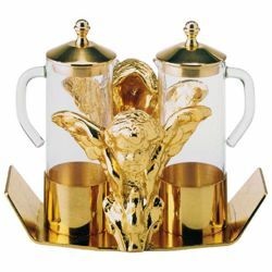 Picture of Altar Cruets and Tray set cm 16x14 (6,3x5,5 inch) Angels glass and brass Water and Wine liturgical Mass Ampoules Catholic Church