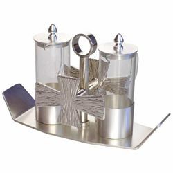 Picture of Altar Cruets and Tray set cm 19x7,5 (7,5x3,0 inch) silver Crosses glass and brass Water and Wine liturgical Mass Ampoules Catholic Church