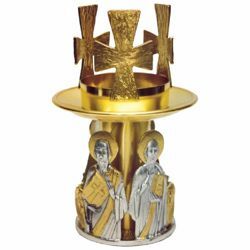 Immagine di Portalampada Altare Santissimo Sacramento H. cm 23 (9,1 inch) Evangelisti in ottone bicolore Lampada da Mensa porta cero Chiesa 