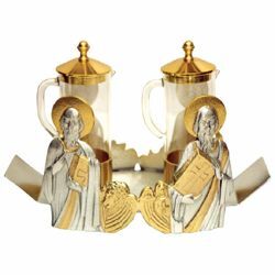 Imagen de Juego Vinajeras litúrgicas de Misa cm 19x9 (7,5x3,5 inch) Cuatro Evangelistas de cristal y latón bicolor Conjunto completo Bandeja jarras Iglesia