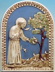 Immagine di San Francesco d’Assisi e gli Uccelli Pala da Muro cm 60x45 (23,6x17,7 in) Bassorilievo Maiolica Robbiana