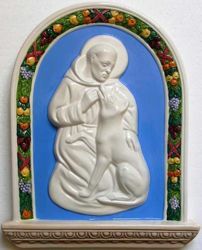 Picture of St. Francis and the Wolf Wall Panel cm 33x26 (13x10,2 in) Bas relief Glazed Ceramic Della Robbia