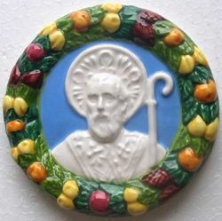 Picture of St. Nicholas of Bari Wall Tondo. Bas relief plaque in glazed ceramic, in the style of Luca Della Robbia, the Renaissance sculptor from Florence (Tuscany), with a frame of fruits and flowers <br />diam. cm 12 (4,7 in)