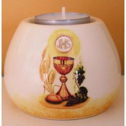 Picture of Set of 4 Votive Candle Lamps Confirmation cm 8x6 (3,1x2,4 in) Chalice JHS Symbol Ceramic Lanterns
