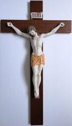 Imagen de Jesús Cristo en la cruz Crucifijo de Pared cm 80x45 (31,5x17,7 in) en Cerámica de Deruta (Italia) y Madera 