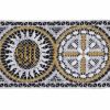 Immagine di Pizzo punto filet Rosone Simbolo JHS H. cm 10 (3,9 inch) Viscosa Poliestere Bianco Bianco/Oro Ricamo Merletto Bordo Bordura per Paramenti