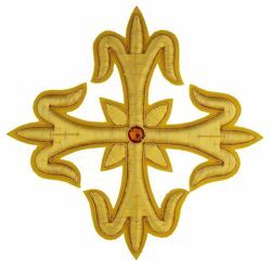 Immagine di Croce ricamata gigliata decorazione oro con pietra H. cm 18 (7,1 inch) in filato metallico e Viscosa Oro Applicazione per Casula Stole e Paramenti liturgici