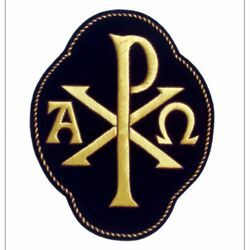 Imagen de Emblema bordado Cuadrilóbulo decoración símbolo Pax Alpha Omega H. cm 20 (7,9 inch) de Poliéster Oro/Morado para Vestiduras litúrgicas