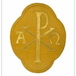 Immagine di Emblema ricamato quadrilobo decorazione Pax Alpha Omega H. cm 20 (7,9 inch) in Poliestere Oro/Giallo per Velo Omerale e Paramenti liturgici
