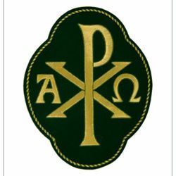 Picture of Quatrefoil Embroidered applique Emblem Pax Alpha Omega symbol H. cm 20 (7,9 inch) Polyester Gold/Green for liturgical Vestments