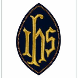 Picture of Oval Embroidered applique Emblem JHS symbol H. cm 23 (9,1 inch) Polyester Gold/Violet for liturgical Vestments