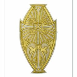 Imagen de Emblema bordado oval decoración con lirios bordados H. cm 24 (9,4 inch) de Poliéster Oro/Blanco para Vestiduras litúrgicas