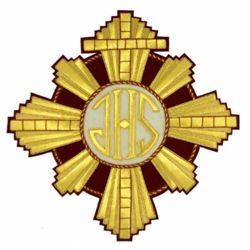 Immagine di Emblema ricamato decorazione tondo raggiera H. cm 28 (11,0 inch) in Poliestere Oro/Granata per Velo Omerale e Paramenti liturgici