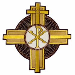 Immagine di Emblema ricamato Croce decorazione tondo Pax H. cm 26 (10,2 inch) in Poliestere Viola/Oro per Velo Omerale e Paramenti liturgici