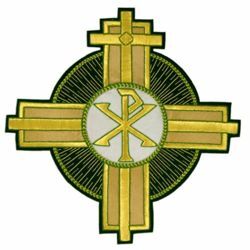 Immagine di Emblema ricamato Croce decorazione tondo Pax H. cm 26 (10,2 inch) in Poliestere Verde Smeraldo/Oro per Velo Omerale e Paramenti liturgici