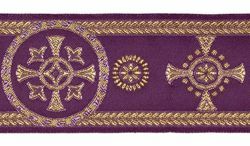 Picture of Galloon Golden Thread Palm Trees H. cm 9 (3,5 inch) Polyester and Acetate Fabric Red Celestial Olive Green Violet Yellow Black Trim Orphrey Banding for liturgical Vestments 
