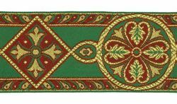 Picture of Byzantine Galloon Golden Thread H. cm 9 (3,5 inch) Polyester and Acetate Fabric Green Flag Ivory Black Pink White Yellow Light blue Brown Rosewood Black Dark Green Red Crimson Trim Orphrey Banding for liturgical Vestments 