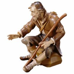 Picture of Sitting Shepherd with Stick cm 8 (3,1 inch) Hand Painted Shepherd Nativity Scene classic Val Gardena wooden Statue peasant style
