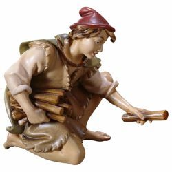 Picture of Kneeling Herder with Wood cm 10 (3,9 inch) Hand Painted Shepherd Nativity Scene classic Val Gardena wooden Statue peasant style