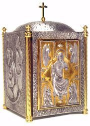 Picture of Altar Tabernacle cm 62x37x37 (24,4x14,6x14,6 inch) Christ Pantocrator Four Evangelists in bronze with bicolor Door Gold Silver for Church