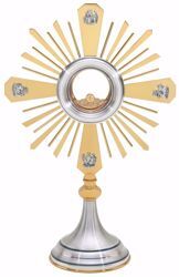Picture of Small size Church Monstrance with lunette H. cm 47 (18,5 inch) smooth satin finish Evangelists Rays of Light brass Silver for Blessed Sacrament