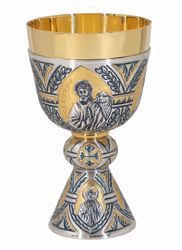 Immagine di Calice liturgico H. cm 19 (7,5 inch) Quattro Evangelisti Simboli Sacri in ottone cesellato Argento Bicolor da Altare per vino da Messa