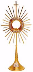 Picture of Church Monstrance with lunette H. cm 57 (22,4 inch) Cross Grapes Chalice Cherubs Red Swarovski Rays brass Bicolor for Blessed Sacrament