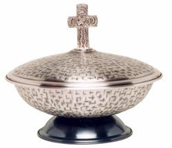 Picture of Portable Baptismal Font for Churches Diam. cm 43 (16,9 inch) Cross Dove Holy Spirit hammered brass Gold Silver Altar Basin Bowl for Baptism
