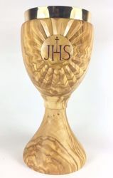 Picture of Eucharistic Chalice H. cm 20 (7,9 inch) JHS Symbol and Rays of Light in Olive Wood of Assisi