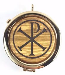 Picture of Eucharistic Pyx Sacred Hosts Vessel Diam. cm 6 (2,4 inch) Pax Symbol in Gold plated Brass and Olive Wood of Assisi