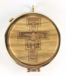 Immagine di Teca eucaristica Viatico Scatola porta Ostie Diam. cm 5 (2,0 inch) Croce di San Damiano in Ottone dorato e Legno di Ulivo di Assisi
