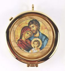 Immagine di Teca eucaristica Viatico Scatola porta Ostie Diam. cm 5 (2,0 inch) Sacra Famiglia in Ottone dorato e Legno di Ulivo di Assisi