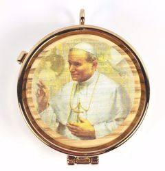 Immagine di Teca eucaristica Viatico Scatola porta Ostie Diam. cm 5 (2,0 inch) Santo Giovanni Paolo II in Ottone dorato e Legno di Ulivo di Assisi