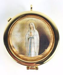 Picture of Eucharistic Pyx Hosts Box Diam. cm 6 (2,4 inch) praying Virgin Mary in Gold plated Brass and Olive Wood of Assisi